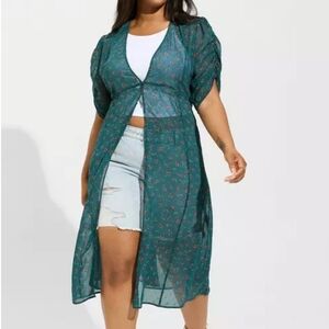 Torrid Green Floral V-Neck Puff Sleeve Casual Cardigan